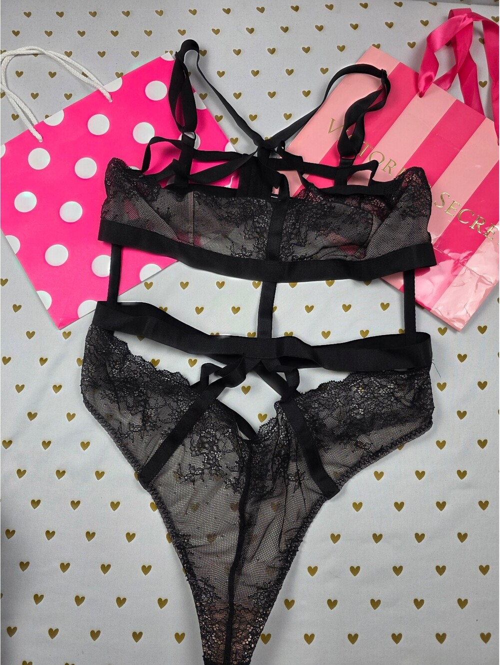 Victorias Secret Black Sexy Strappy Caged teddy Bodysuit Lingerie XL Thong